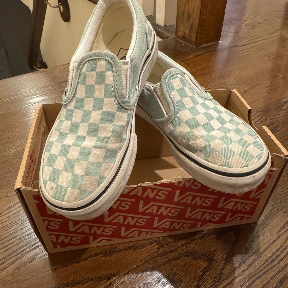 Vans Light Blue and White Checkered Slip-Ons